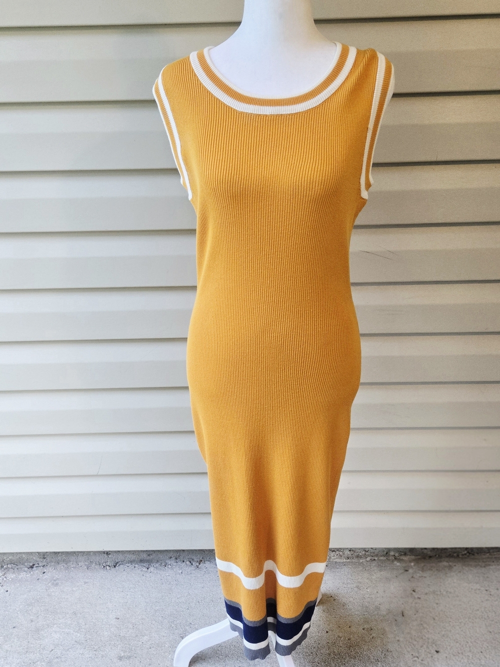 Sleeveless Ribbed Knit Midi Dress in Mustard with Stripe Hem